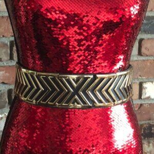 Vintage 90s Stretch Belt Metal X Metallic Gold & Black Leather Elastic XS-S